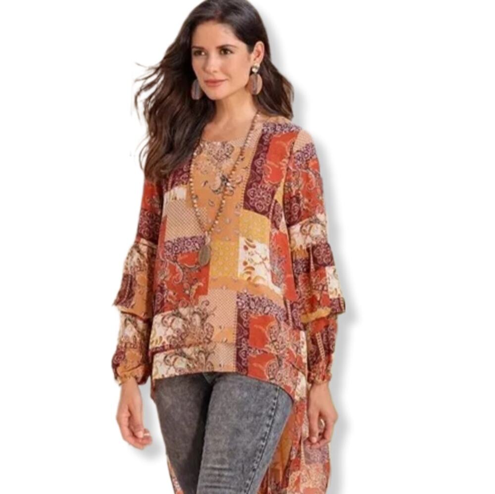 Cato Women Patchwork Boho Hi Lo Tunic Top Blouse 3X Cottagecore Prairie Country